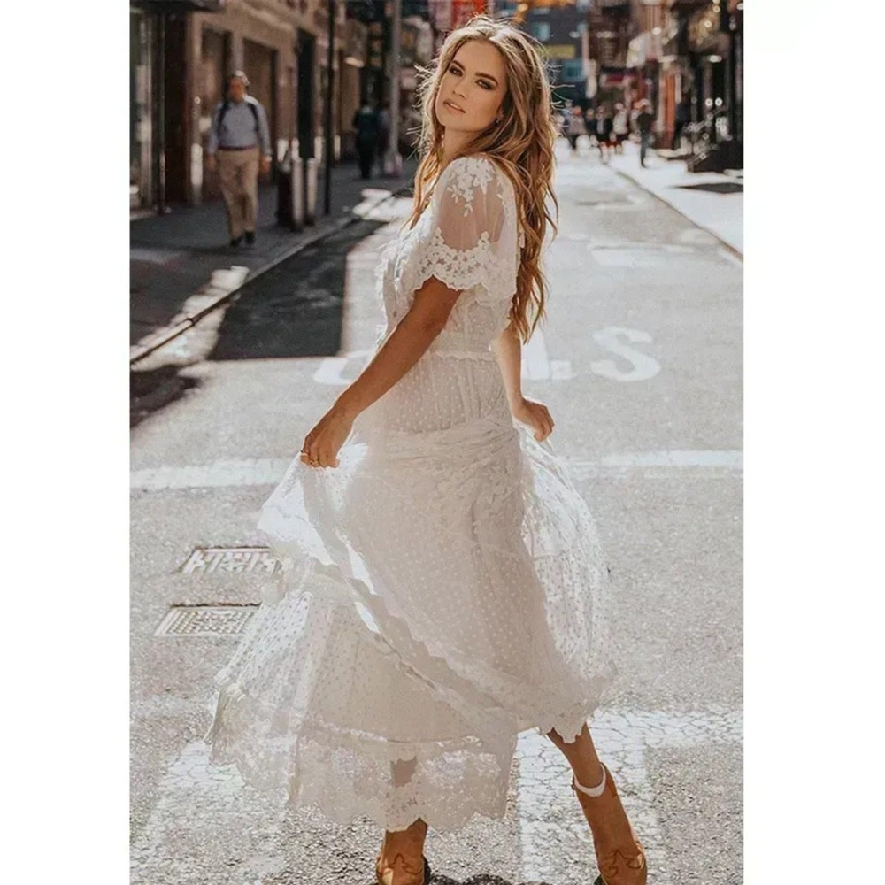 NEW Boho White Swiss Dot Lace Maxi Dress Beth Dutton Yellowstone Westerncore M - Picture 5 of 8